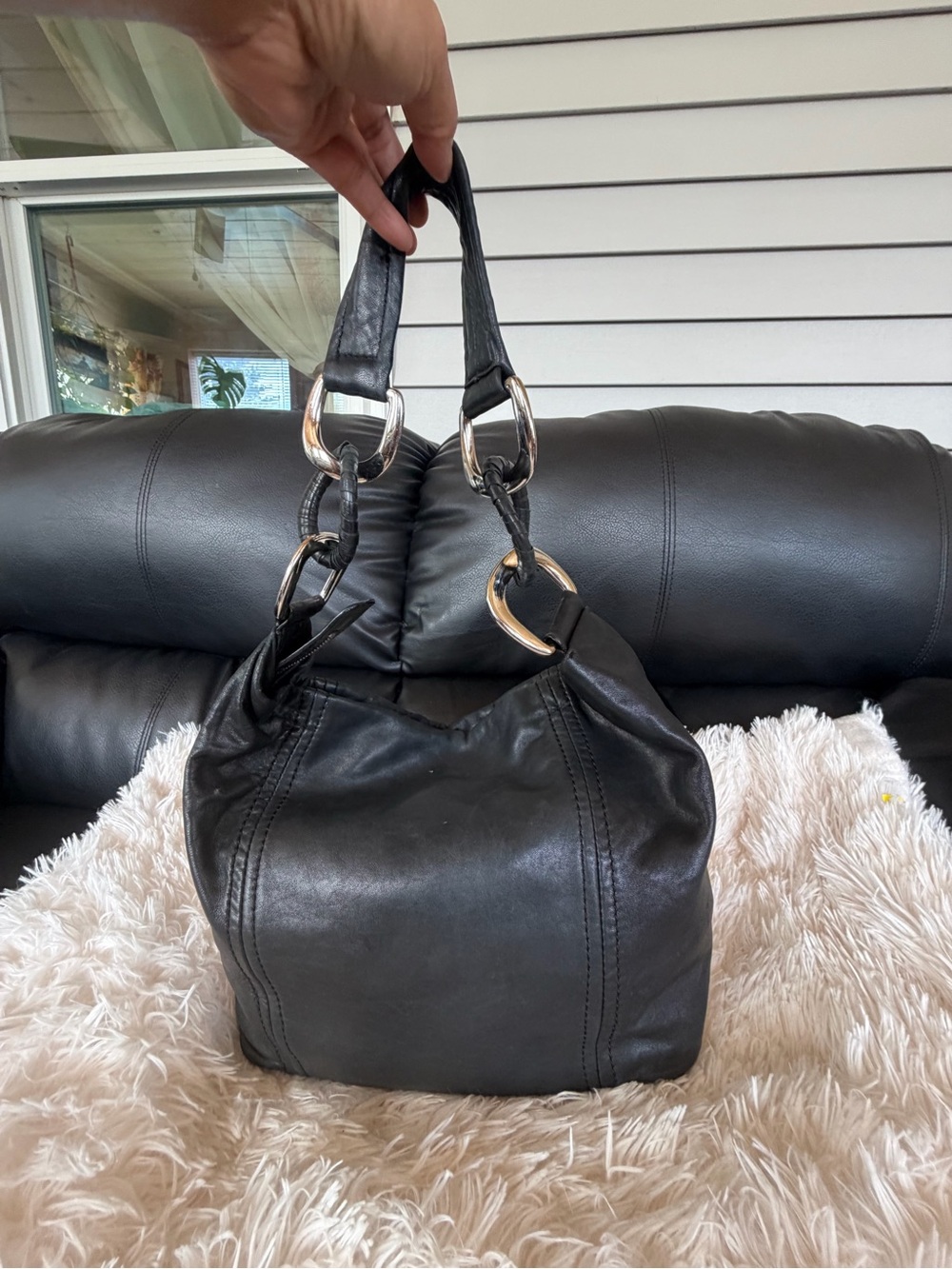 Michael Kors Black Leather Shoulder Bag with Silver Rings